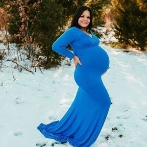 Maternity Bodycon Dress V Neck Ruched Off Shoulder Long Sleeve Maxi Dress Blue L